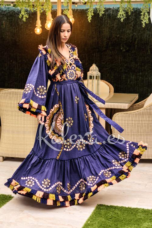 Boho Gast Jurk Lia Folklore Kleur Blauw Grootte Een maat