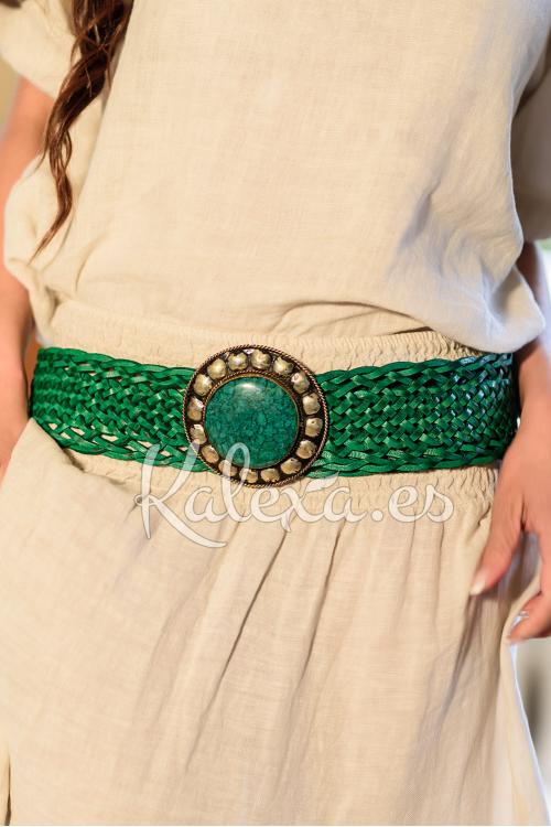 Leather Belt with Green Buckle