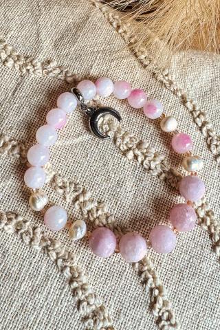 Boho Pink Jade and Moon Bracelet