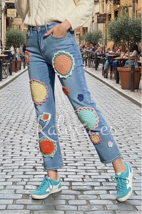 Calça de ganga boho de crochê