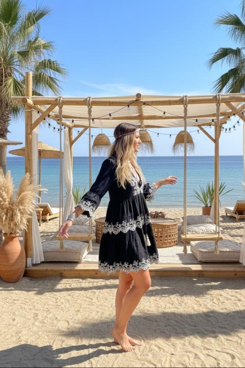 Vestido Boho Bordado Negro