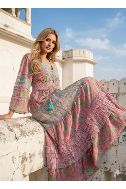 Boho Roze Leren Jurk