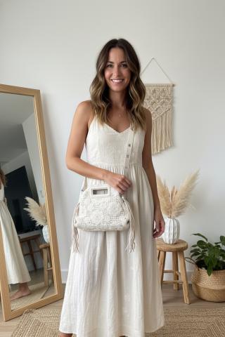 Bolso Boho Bordado Flores Marfil