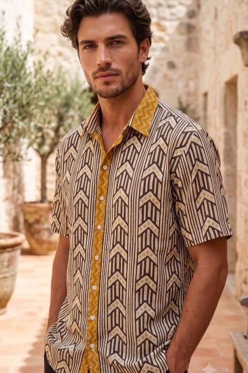 Camisa Boho Masculina Étnica Mostarda