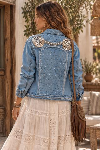 Jaqueta jeans boho com aplicações