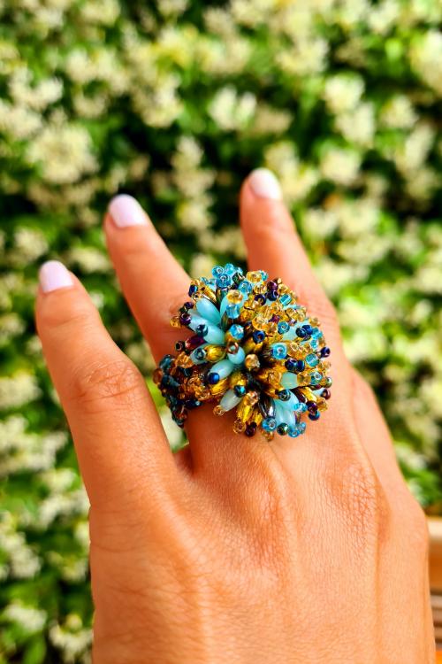 Anillo Erizo, tonos verdes y azules