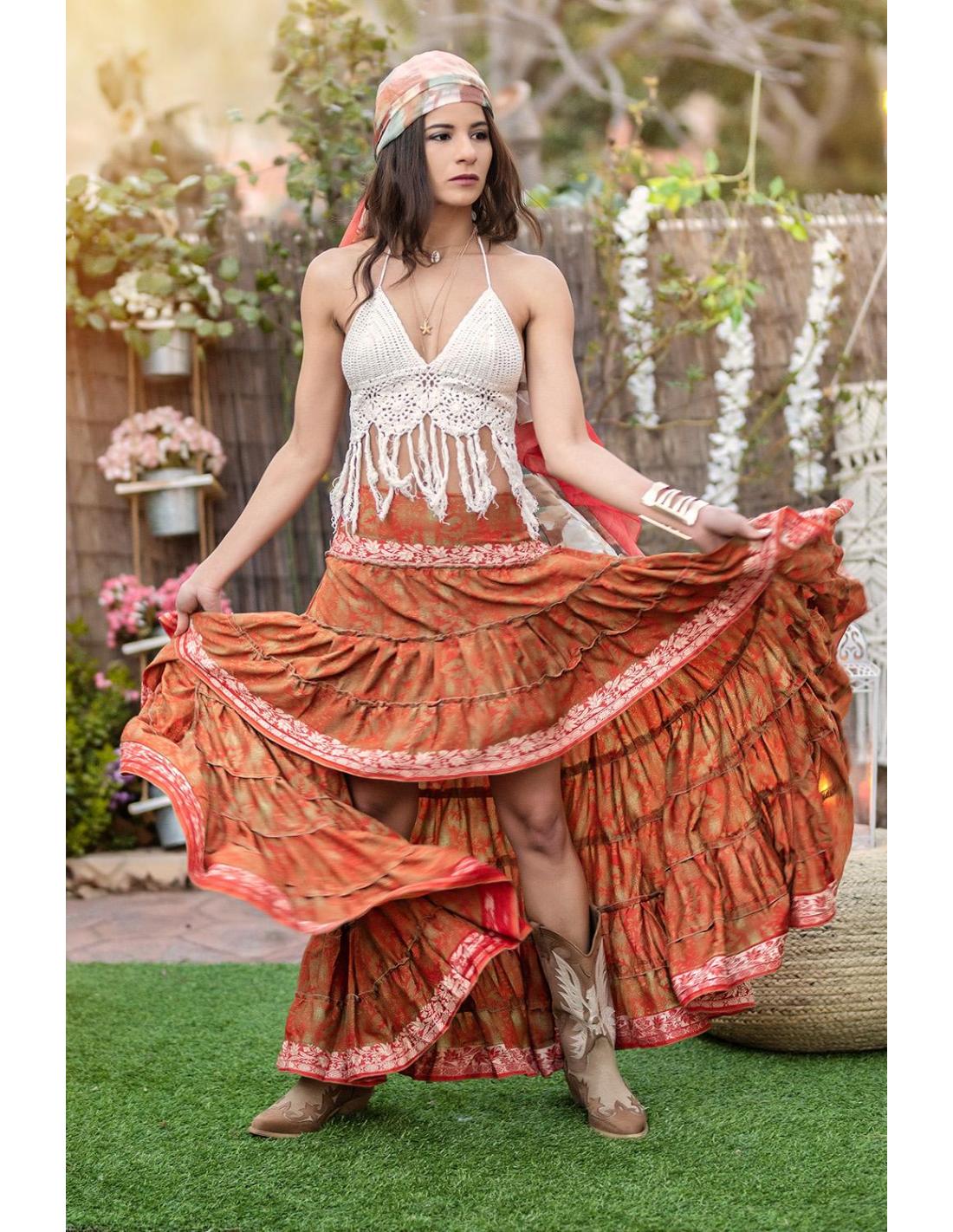 Vestidos boho con falda de encaje y chiffon en capas Melocotón