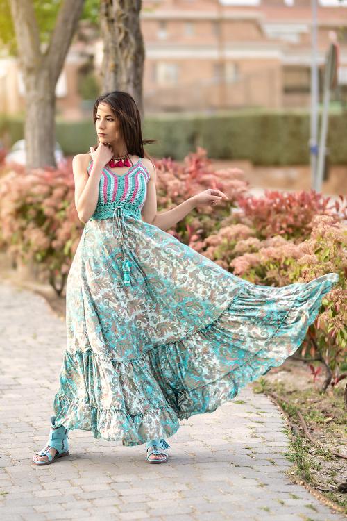 Vestido Boho Seda y Crochet Color Turquesa Tamaño S/M