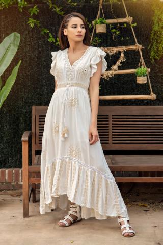 Robe Boho Crème Avec Pompons – Taille 12-16, Neuve Avec étiquette, Style Smock Manches Longues