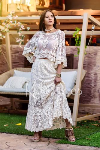 Vestidos boho con falda de encaje y chiffon en capas Azul tinta Tallas Grandes